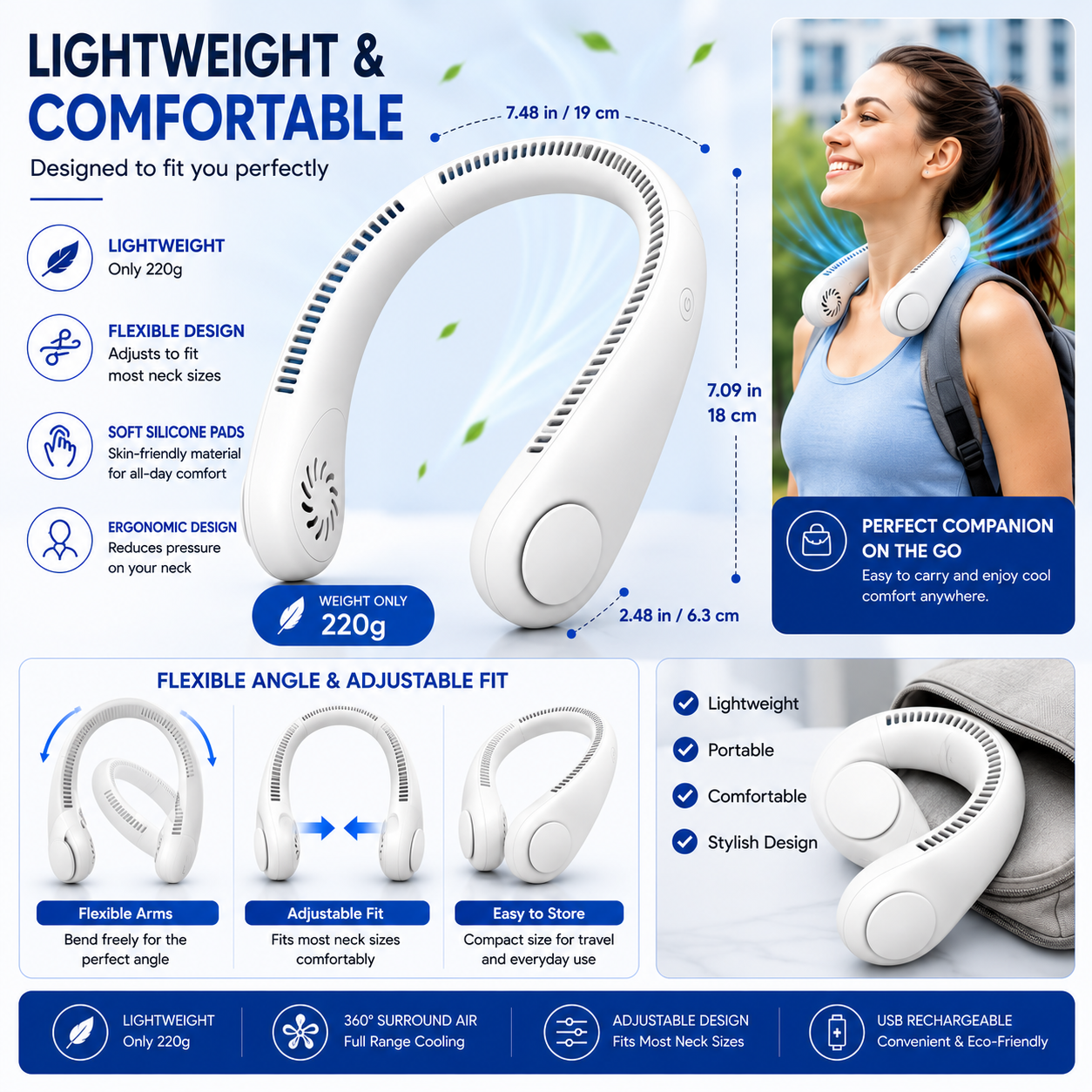 Portable Vaneless Neck Fan – 360° Hands-Free USB Rechargeable Cooling Fan