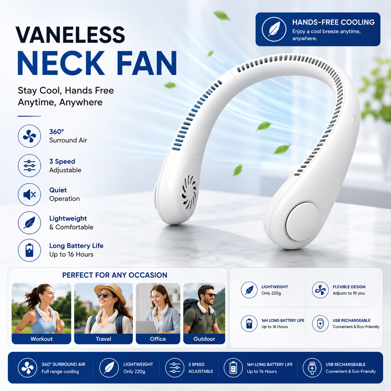 Portable Vaneless Neck Fan – 360° Hands-Free USB Rechargeable Cooling Fan